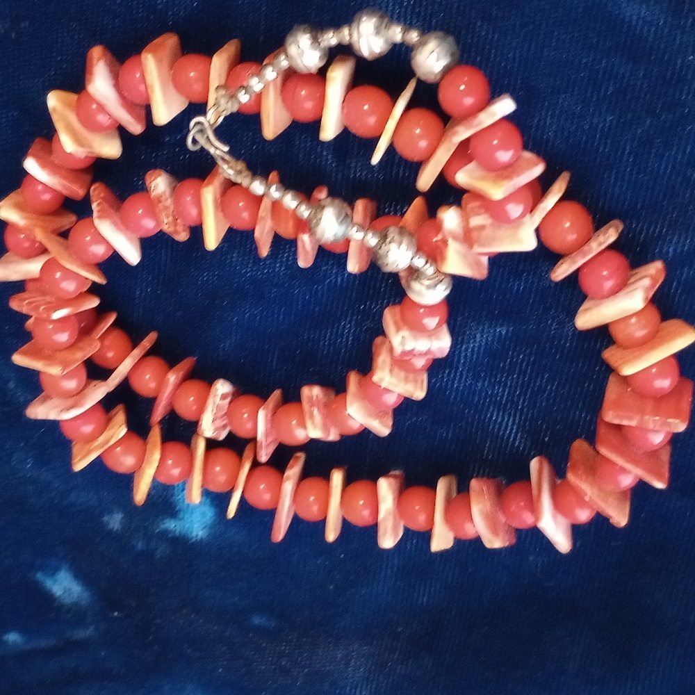 Native American Sterling Silver Orange Coral & Spiny Oyster Shell Necklace 20" - Picture 3 of 13